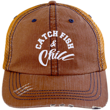CATCH FISH & CHILL Distressed Unstructured Trucker Cap