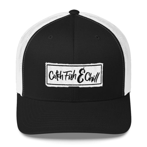 CATCH FISH & CHILL BOX LOGO WHITE TRUCKER HAT